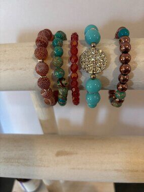Handmade Turquoise Imperial Jasper Agate Copper Hematite Bracelet Stack Set NWT